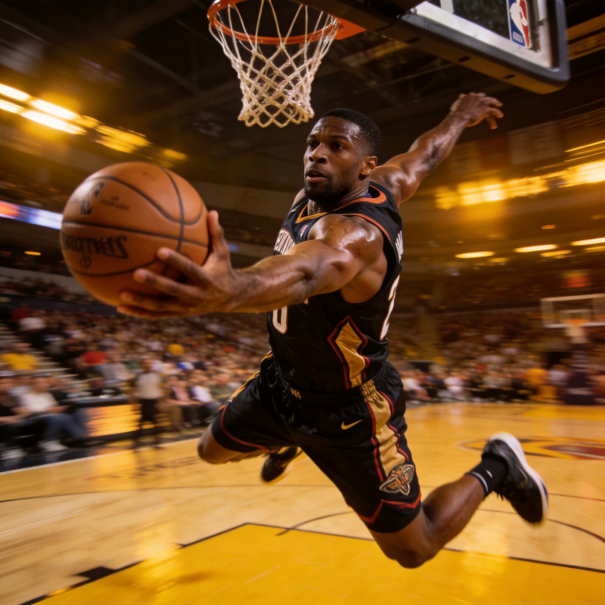 NBA常规赛精彩扣篮瞬间，球员在空中完成势大力沉的扣篮