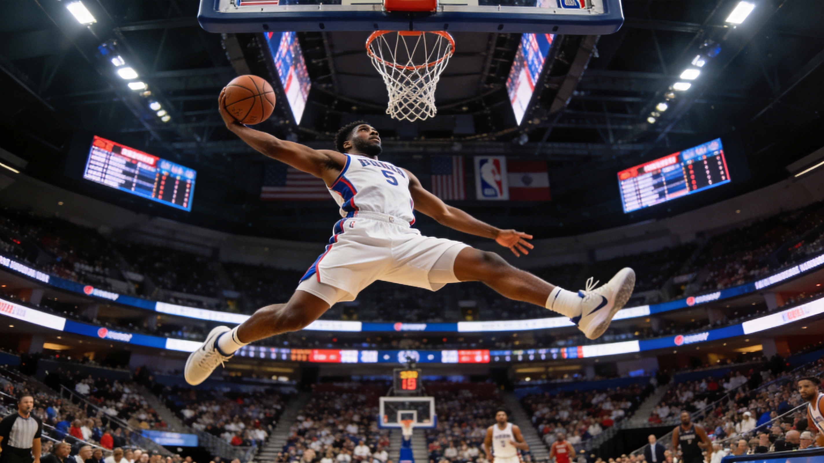 篮球比赛瞬间，球员腾空扣篮，NBA赛场激情时刻